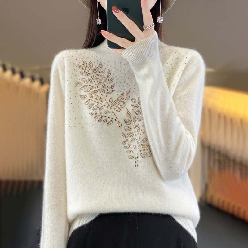 Variant image for Damen-Strickpullover, mit Blattmuster aus Baumwolle und Acryl, halbhocher Ausschnitt, lange Ärmel-21