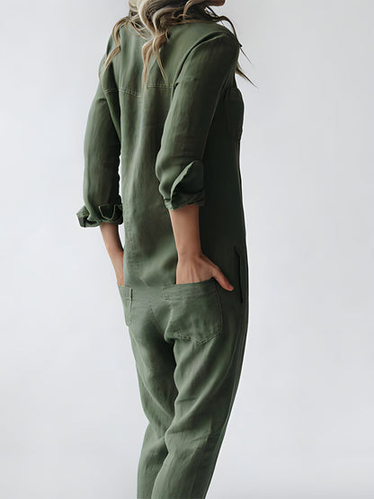 Damen-Jumpsuit Langarm Baumwolle und Leinen Elegantes Design-5