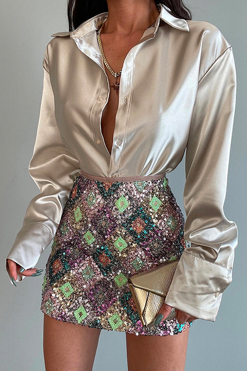 Damen Bluse Lange Ärmel Satin Elegant Klassischer Stil-3