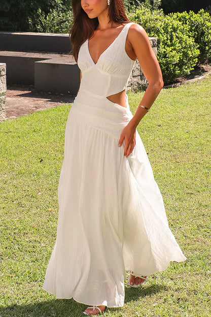 Damen-Maxikleid, ausgeschnittenes V-Ausschnitt, ärmellose Baumwolle, Polyester-3
