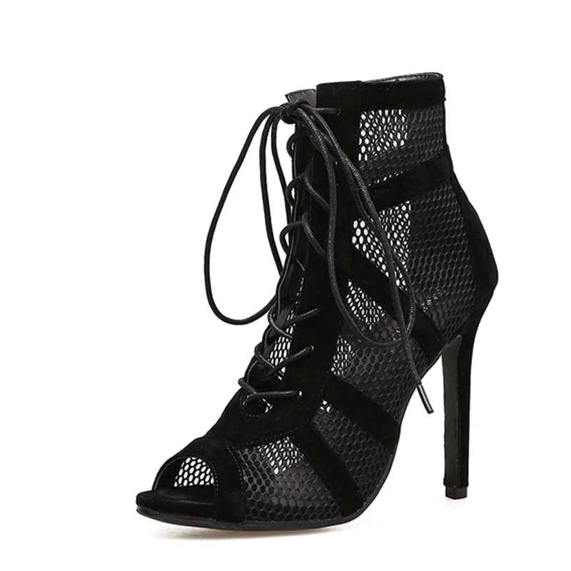 Damen Ankelboots Peep-Toe Flock Mesh Hoher Absatz-2