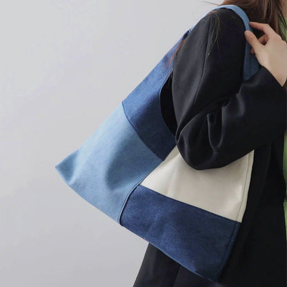 Geräumige Denim-Shoppingtasche für Damen mit Patchwork-Design und Schulterriemen – praktisch und stilvoll 4