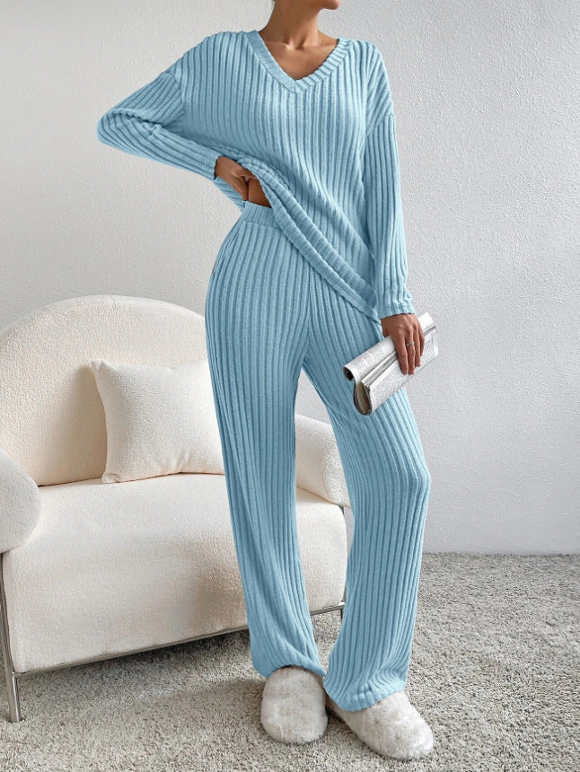 Variant image for Damen-Lounge-Set, gerippter V-Ausschnitt, Pullover, und lockerer Hose, atmungsaktives Material-11