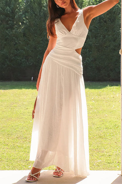 Damen-Maxikleid, ausgeschnittenes V-Ausschnitt, ärmellose Baumwolle, Polyester-4