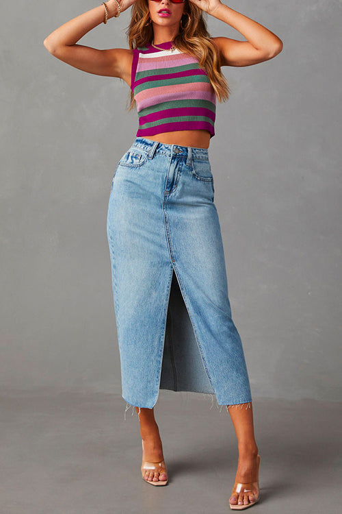 Damen-Midi-Rock, hohe Taille, Denim-2