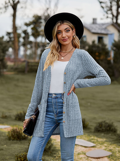 Variant image for Damen-gestrickter Cardigan, gerippt, Baumwolle, langärmelig, lässig-7
