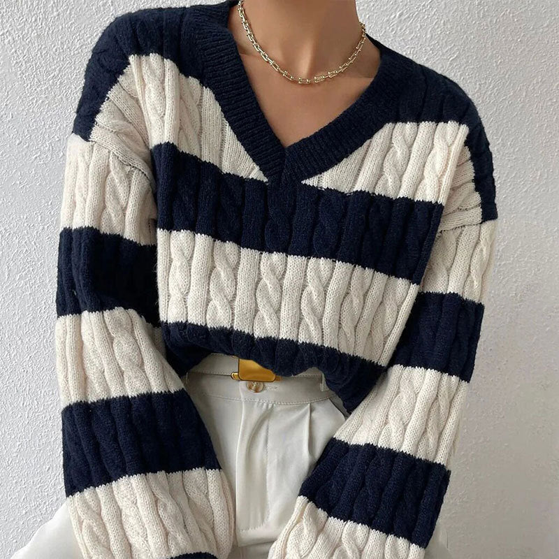 Damen-gestreifter Pullover, gestrickt, Wolff-Ausschnitt, Acryl-3