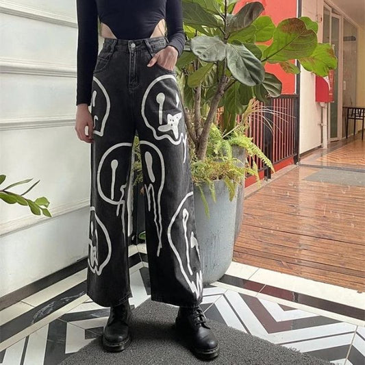 Damen-Jeans Weit Geschnitten Denim mit Emoji-Print-1