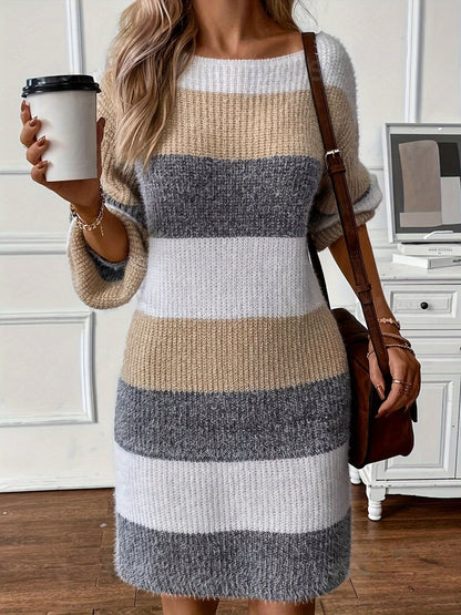 Damen-Midikleid, farbblock langarm Acryl-4