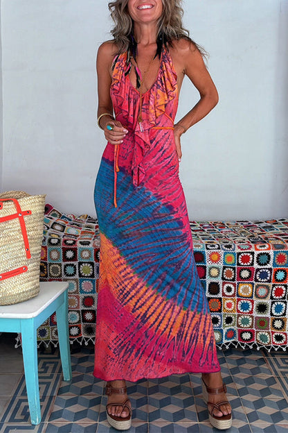 Damen-Maxikleid, Rüschen, Neckholder, Baumwolle, Polyester, Sommer-1