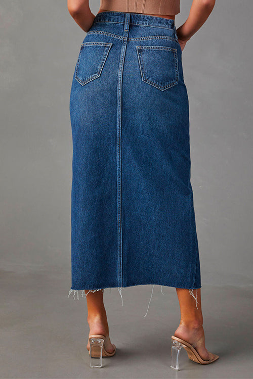 Damen-Midi-Rock, hohe Taille, Denim-3