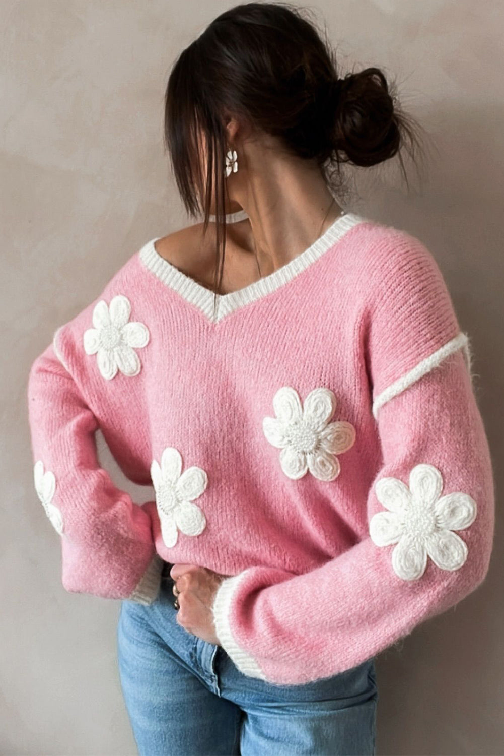 Damen-Strickpullover, mit Blumenmuster, aus weichem Material-3