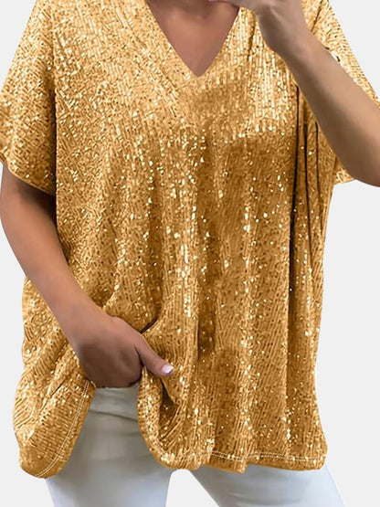 Damen-kurzärmelige Bluse, V-Ausschnitt, mit Pailletten, aus Polyester-6