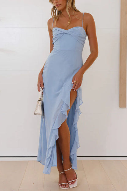 Damen-Maxikleid, Spaghettiträger, Chiffon mit Rüschen und Seitenschlitz-3