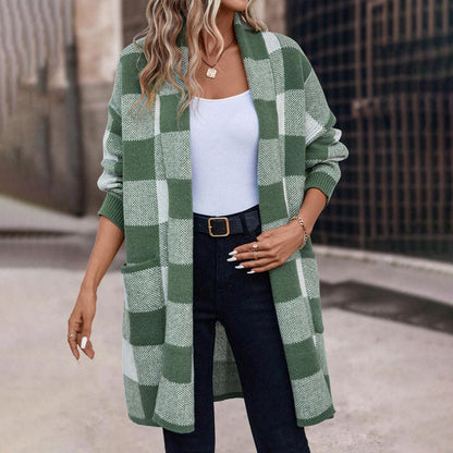 Lange Strickjacke Damen Kariert Acryl und Baumwolle-6