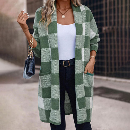 Lange Strickjacke Damen Kariert Acryl und Baumwolle-1