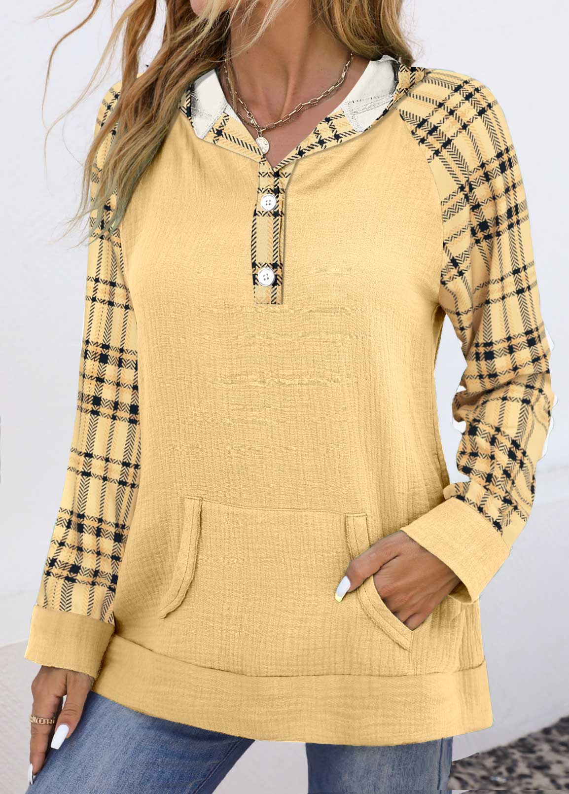 Damen-Kapuzenpullover, Karo, Patchwork, weiches Material-3