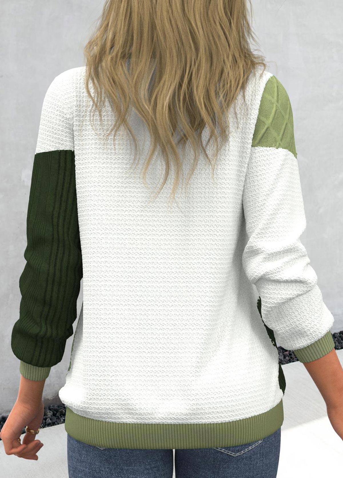 Damen-Pullover, hellgrün, runder Ausschnitt, mit Patchwork-Details-3