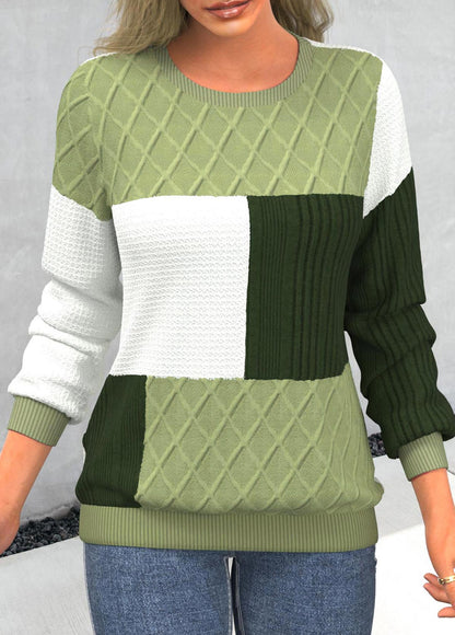 Damen-Pullover, hellgrün, runder Ausschnitt, mit Patchwork-Details-1