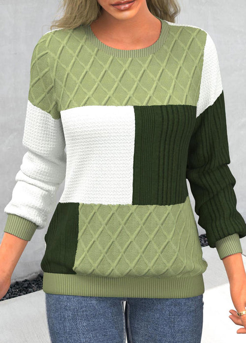 Damen-Pullover, hellgrün, runder Ausschnitt, mit Patchwork-Details-1