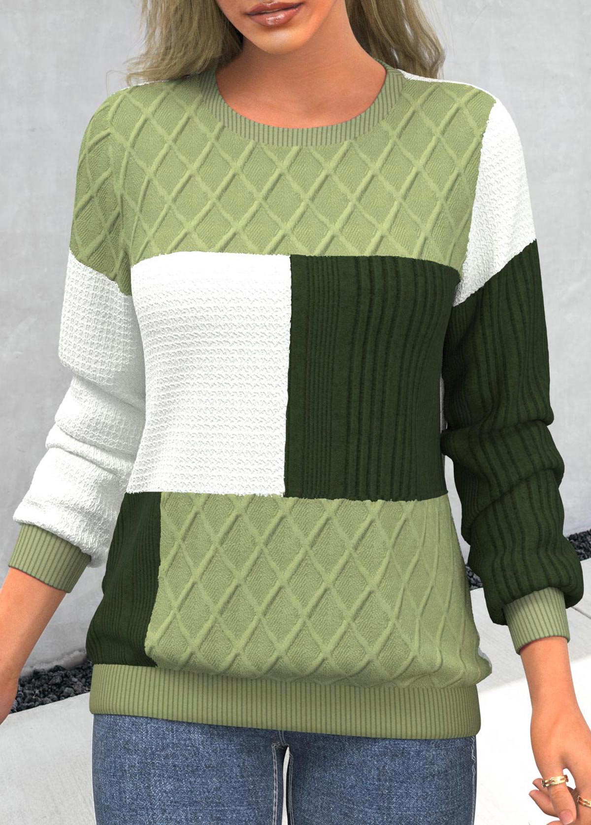 Damen-Pullover, hellgrün, runder Ausschnitt, mit Patchwork-Details-4
