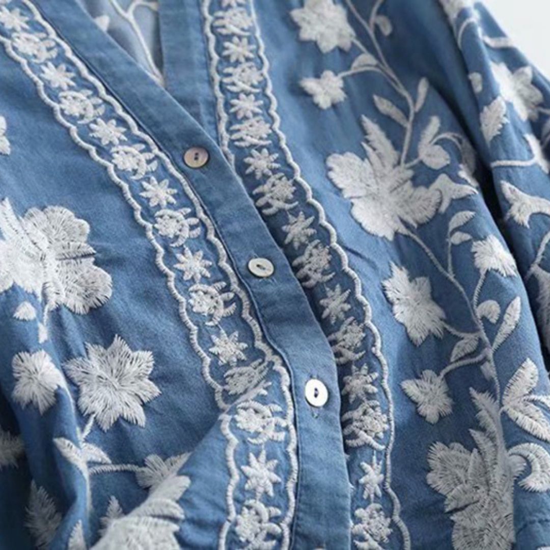 Damen Bluse Bestickter Blumen Weiche Baumwolle Knopfleiste-3
