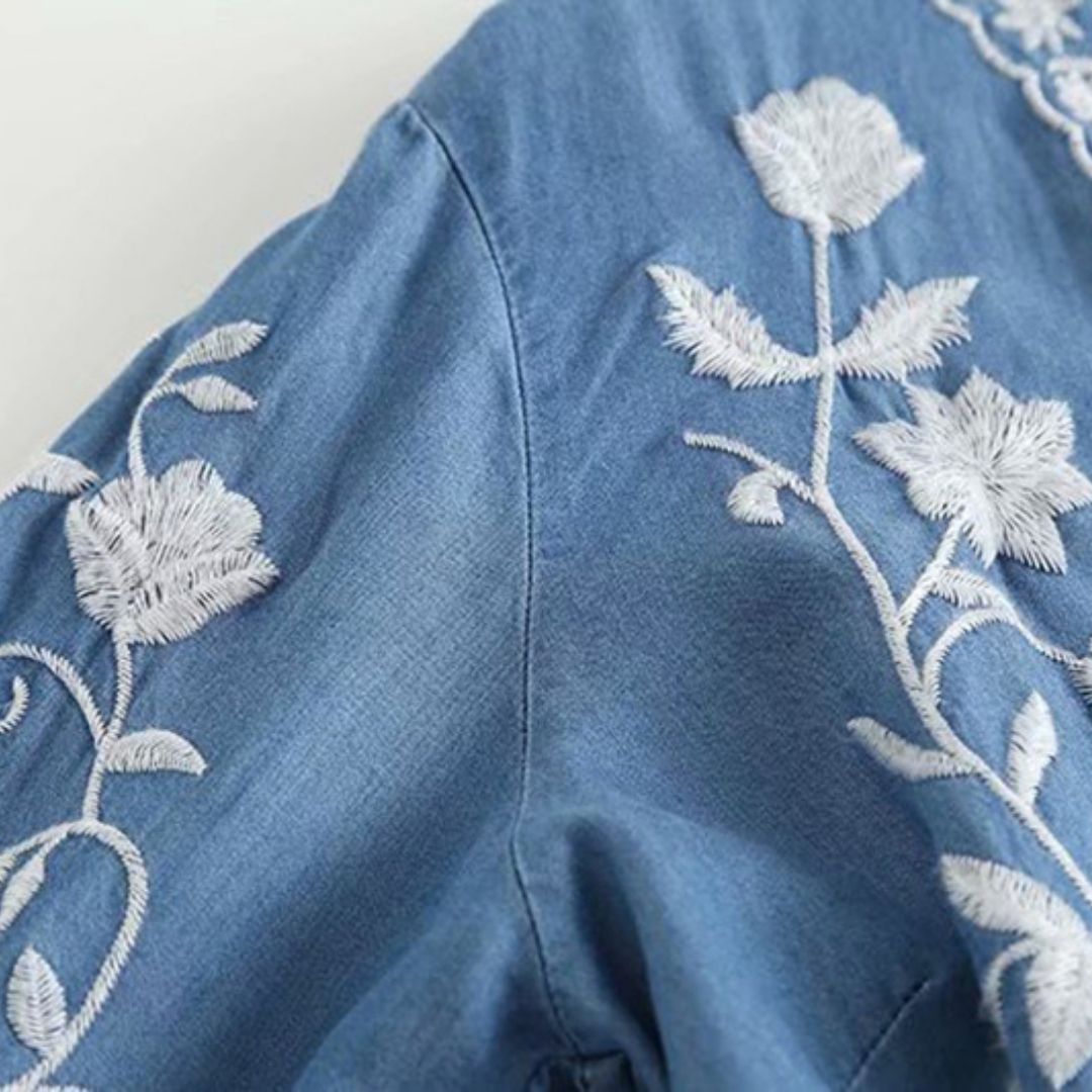 Damen Bluse Bestickter Blumen Weiche Baumwolle Knopfleiste-5