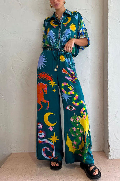Damen-Rollkragen-Bluse, Set, mit breiter Hose, aus Baumwolle und Polyester - Sommerkleidung-1