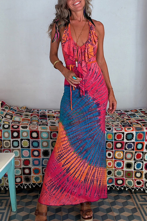 Damen-Maxikleid, Rüschen, Neckholder, Baumwolle, Polyester, Sommer-3