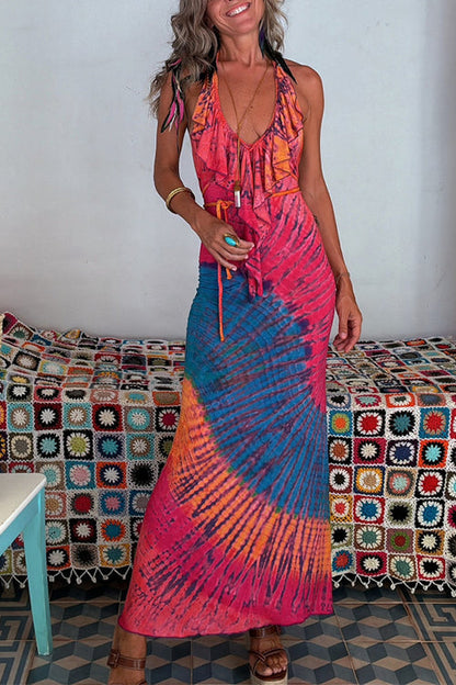 Damen-Maxikleid, Rüschen, Neckholder, Baumwolle, Polyester, Sommer-3