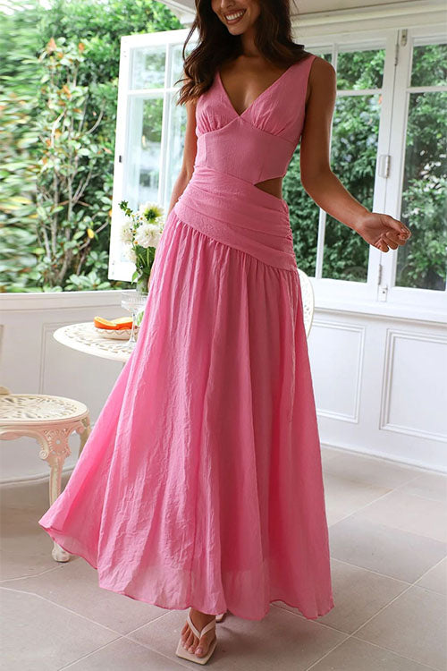 Damen-Maxikleid, ausgeschnittenes V-Ausschnitt, ärmellose Baumwolle, Polyester-6