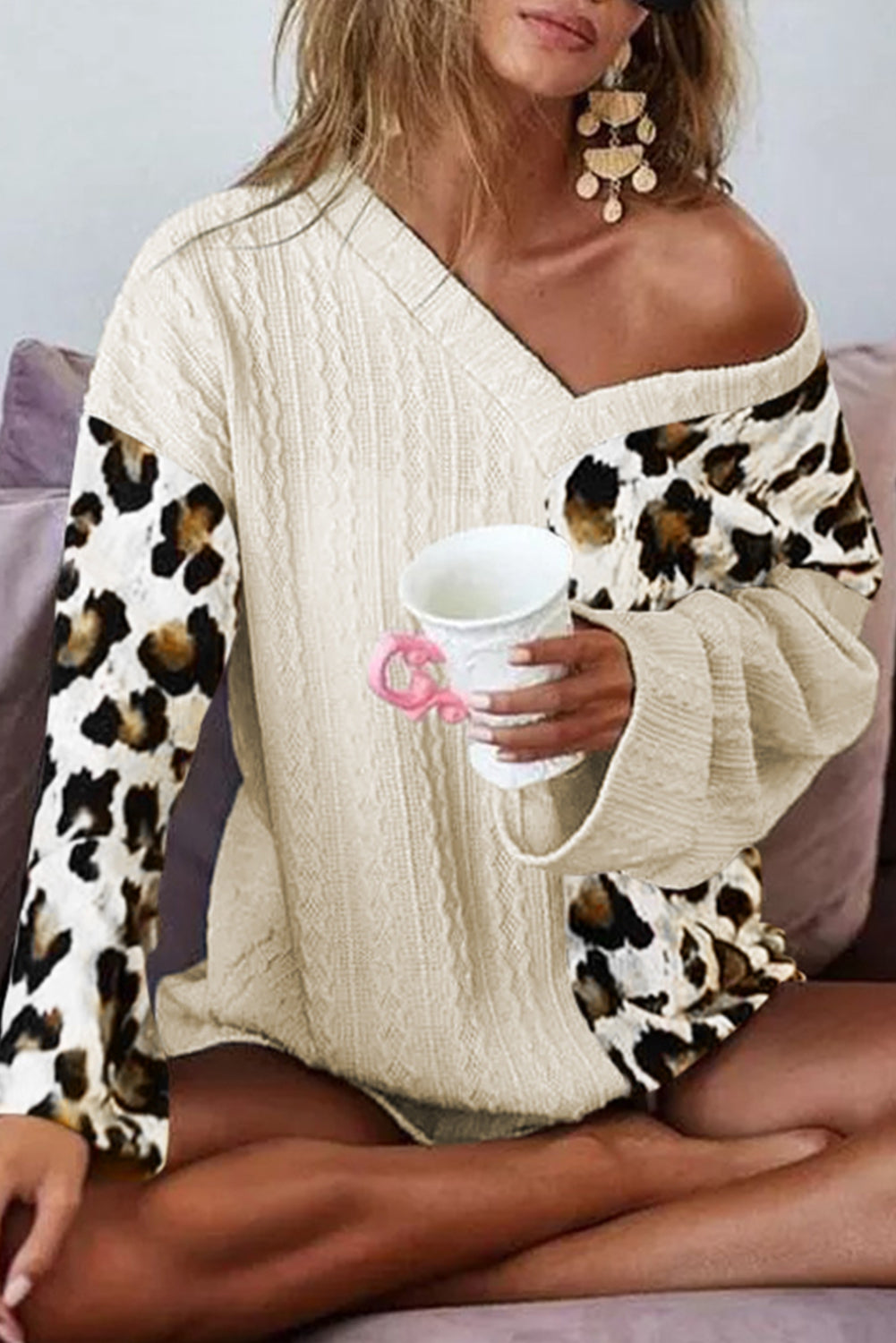 Damen-Pullover, asymmetrisches Leopardenmuster, V-Ausschnitt, hochwertiger Stoff-5