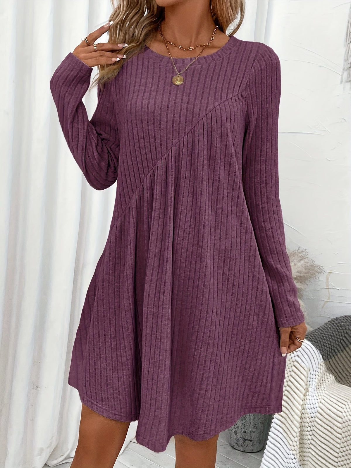 Damen-Basics-Kleid, asymmetrisch, Taille, gerippt, Material 4