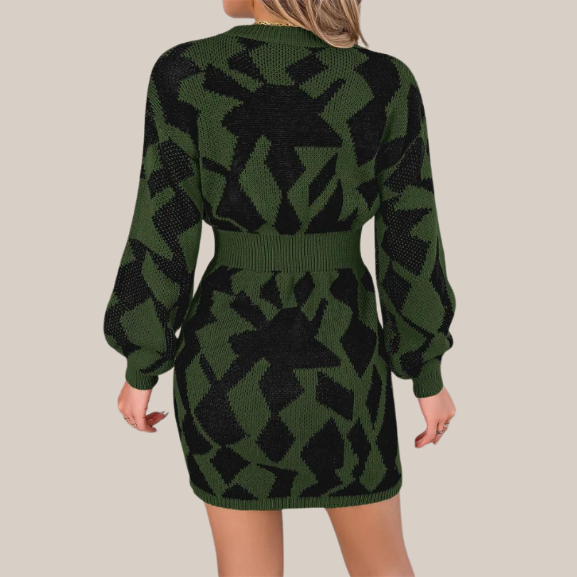 Damenkleid, V-Ausschnitt, geometrisches Muster, gestrickt weich-5