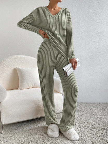Variant image for Damen-Lounge-Set, gerippter V-Ausschnitt, Pullover, und lockerer Hose, atmungsaktives Material-21