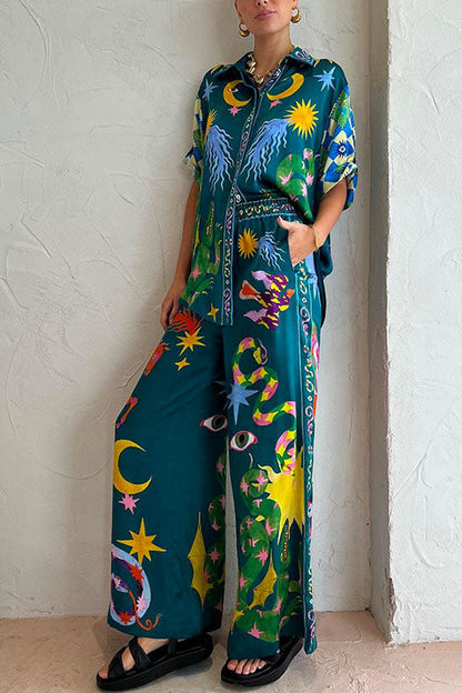 Damen-Rollkragen-Bluse, Set, mit breiter Hose, aus Baumwolle und Polyester - Sommerkleidung-2
