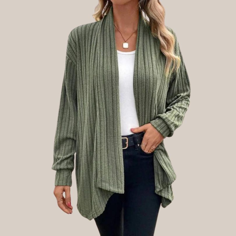 Damen-gerippte Strickjacke, offene Front, Acryl-1