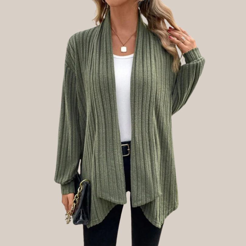 Damen-gerippte Strickjacke, offene Front, Acryl-2