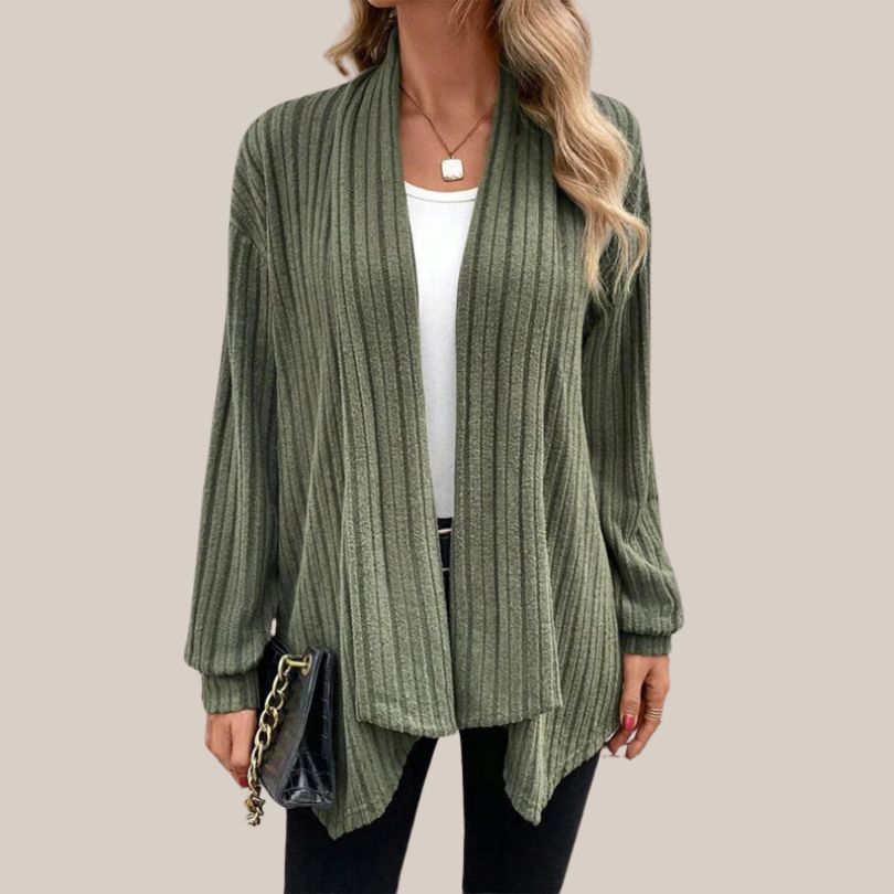 Damen-gerippte Strickjacke, offene Front, Acryl-3