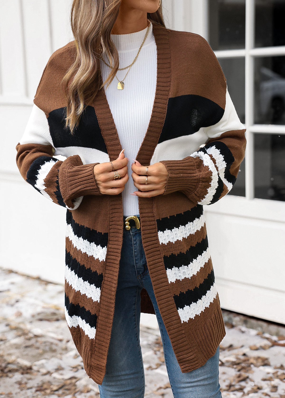 Damen-Strickjacke, Patchwork, dunkelbraun, atmungsaktiver Stoff-4