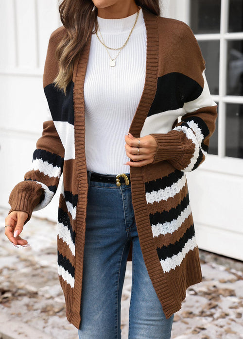 Damen-Strickjacke, Patchwork, dunkelbraun, atmungsaktiver Stoff-1
