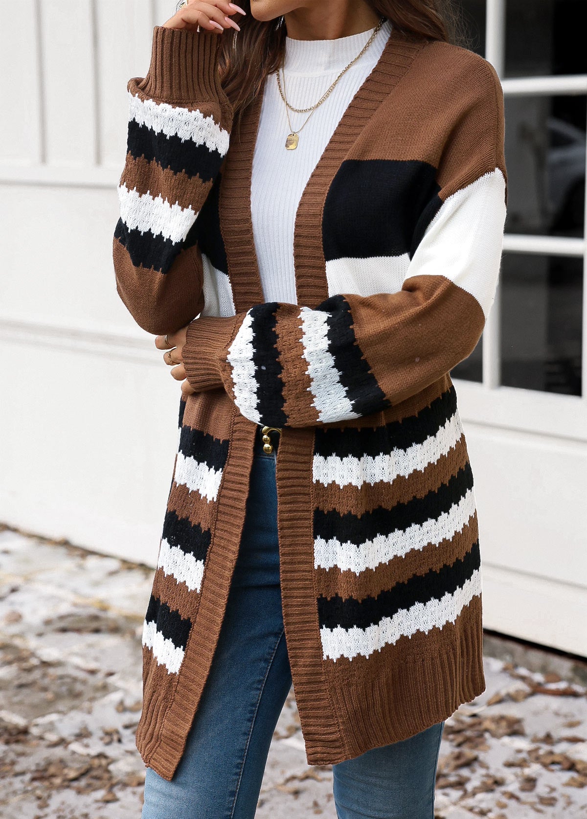 Damen-Strickjacke, Patchwork, dunkelbraun, atmungsaktiver Stoff-5