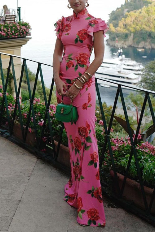Maxikleid Damen Rüschenärmel Rosenmuster Baumwolle Polyester-3