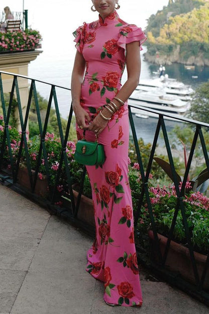Maxikleid Damen Rüschenärmel Rosenmuster Baumwolle Polyester-3