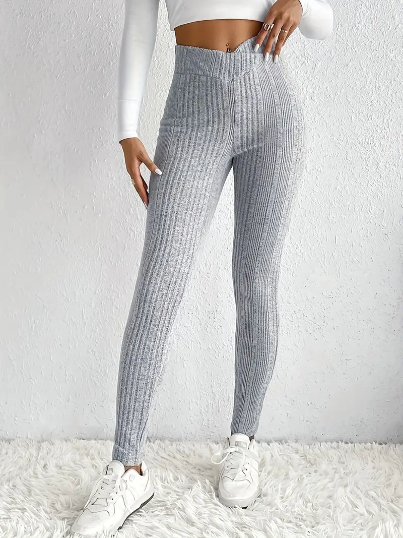 Damen-Skinny-Hose, hohe Taille, gerippt, Stretchmaterial-2