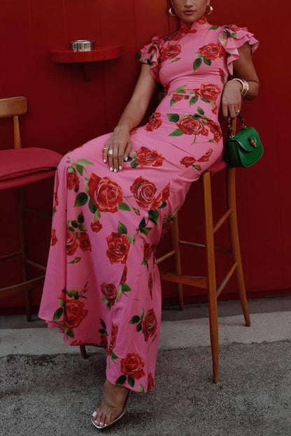 Maxikleid Damen Rüschenärmel Rosenmuster Baumwolle Polyester-4