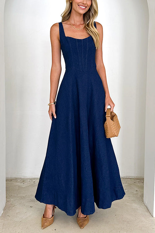 Maxikleid Damen Ärmellos Schwingender Denim-1
