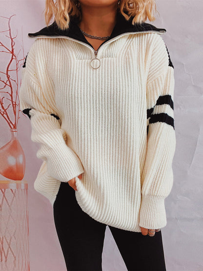 Damen-Half-Zip-Strickpullover, zweifarbig, rippstrick, weiches Material-4
