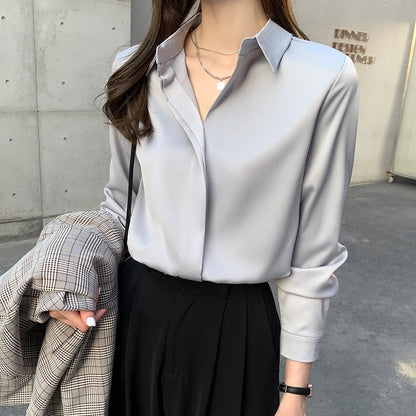 Weißes langärmeliges Damenhemd aus Satin mit schmaler Passform – elegante Bluse für Büro und Fest 8