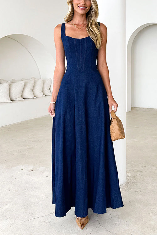 Maxikleid Damen Ärmellos Schwingender Denim-2